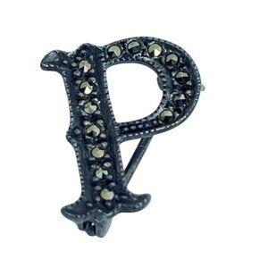 Sterling Silver Initial P Pin With Hematite Accents Signed 925 NF (5651)
